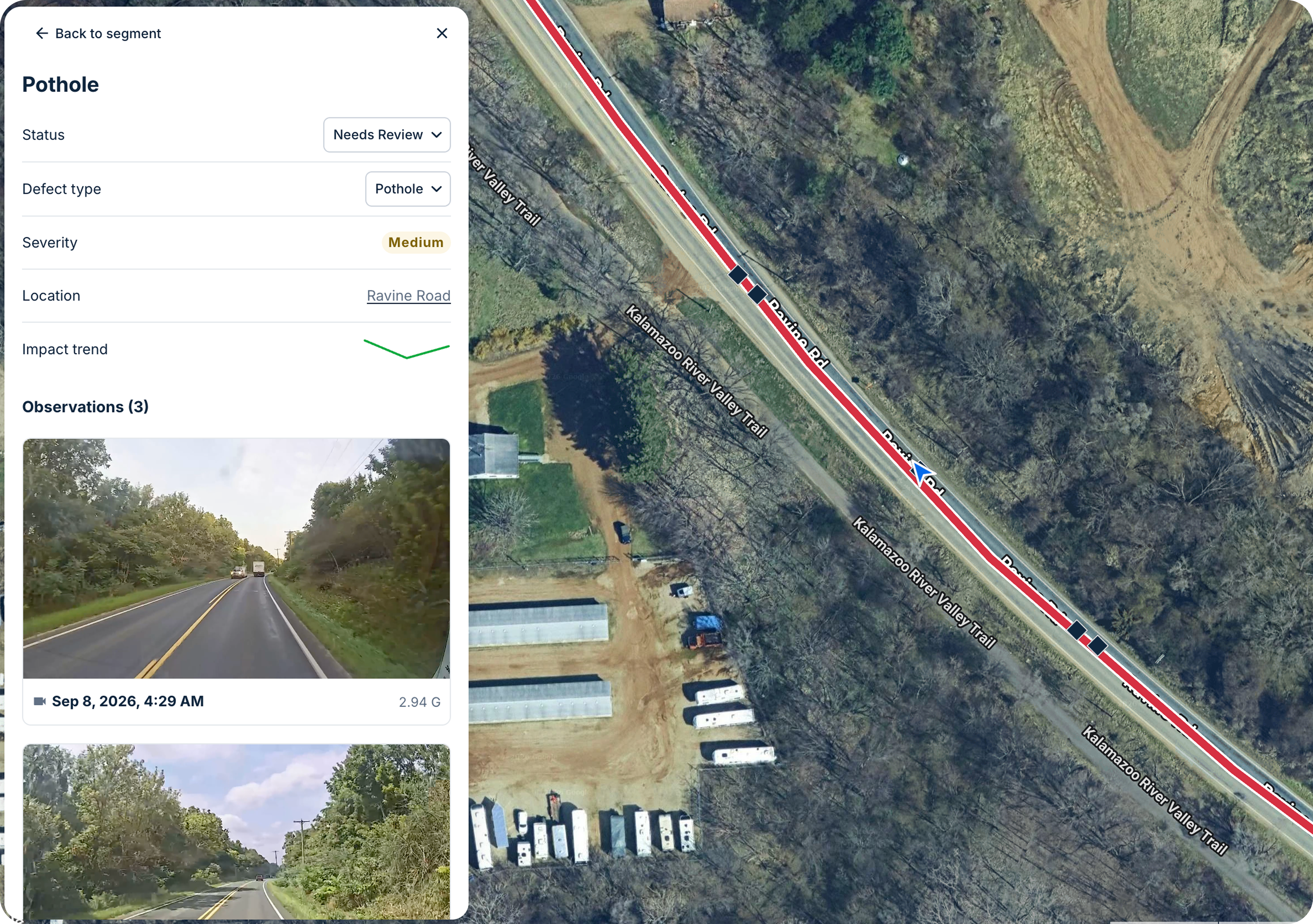 Pothole detail with dashcam observations beside a satellite map of a road highlighted by severity.