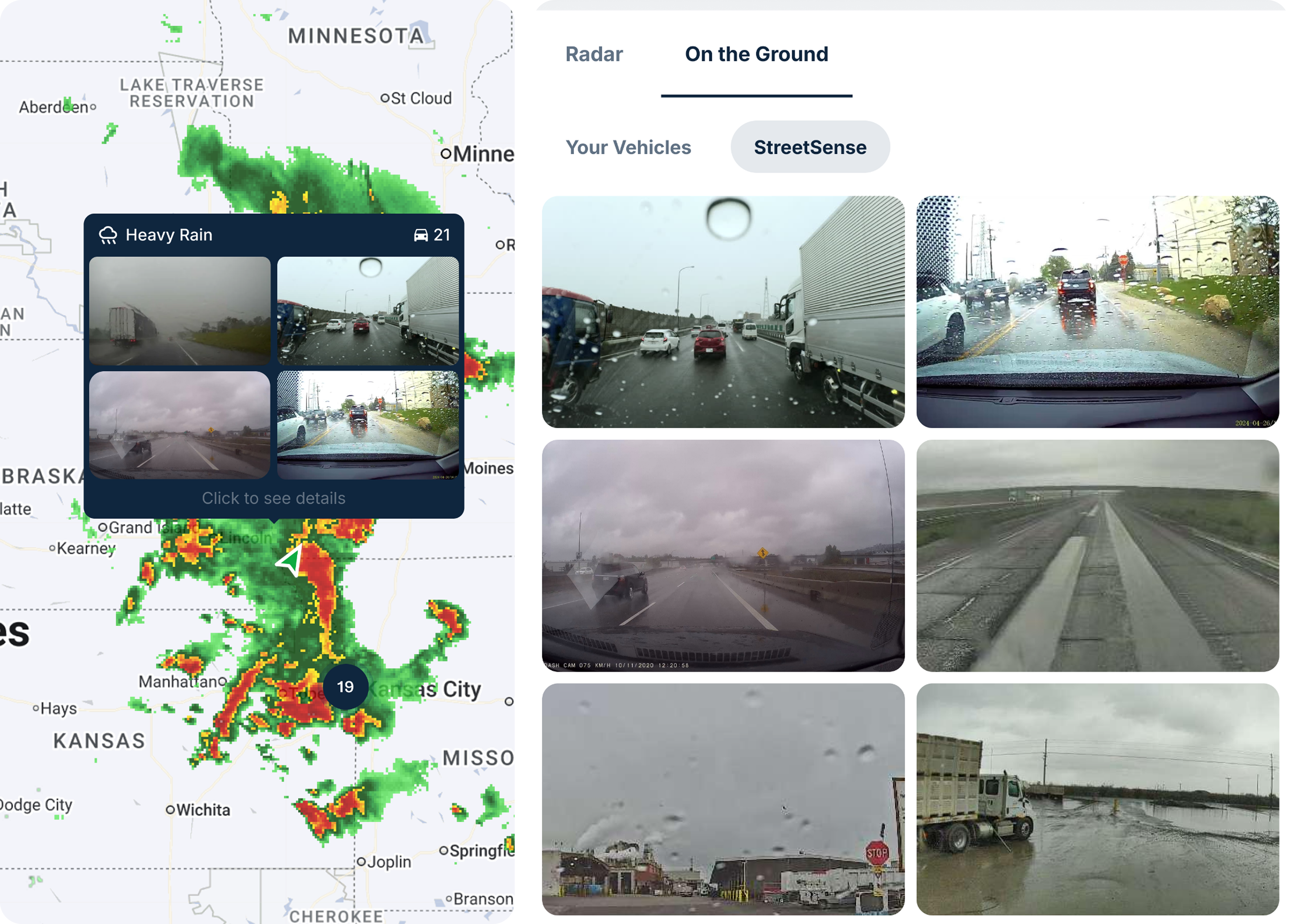 Weather radar over the Midwest beside live dashcam views of rain, wet roads, and flooding.